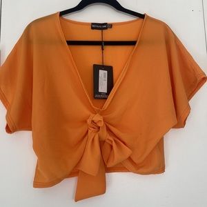 PrettyLittleThing Orange Knot Front Crop Top